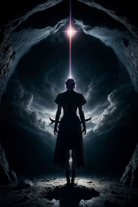 (split, heaven and hell:1.4), cavern, clouds, (multicolored background, multicolored lights, magic, black hole), 1girl, solo, standing, full body, armored dress, white dress, purple hair, smug, short hair