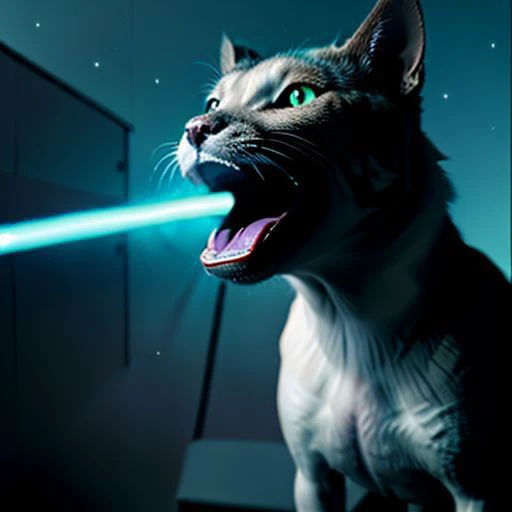 raw photo,8k,cinematic shot,photorealistic,a cat is shooting out blue laser from his mouth,shoopdawoop,laser
