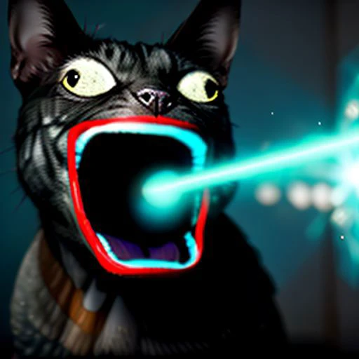 raw photo,8k,cinematic shot,photorealistic,a cat is shooting out blue laser from his mouth,shoopdawoop,laser