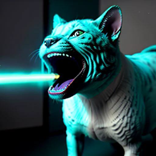 raw photo,8k,cinematic shot,photorealistic,a cat is shooting out blue laser from his mouth,shoopdawoop,laser