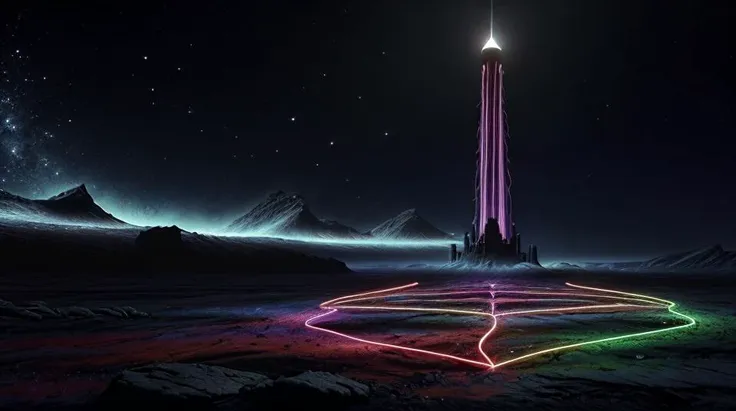 The Tower of Destiny, arctic landscape with Complementary Colors, High definition, implied lines, Chris Ofili, trending on ArtStation, dark theme, cosmiclandscapes, DonMF41ryW1ng5, [kkw-FX-glowline] <lora:LowRA:.28>  <lora:DonMF41ryW1ng5_v1.1:.6> <lora:CosmicLandscapes:.39>