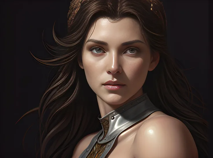 portrait of a ruggedly beautiful goddess, soft hair, half body, leather, hairy, d & d, fantasy, intricate, elegant, highly detailed, digital painting, artstation, concept art, smooth, sharp focus, illustration, art by artgerm and greg rutkowski and alphonse mucha