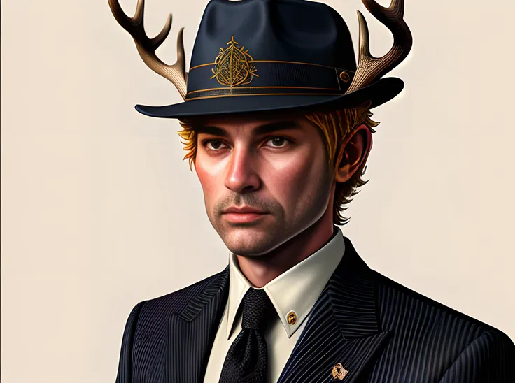 a upper body portrait of a deer lord in a pinstriped suit and pants wearing a fedora with the antlers sticking out of the fedora by artgerm and wlop, intricate detail, digital art, photorealistic, trending on artstation