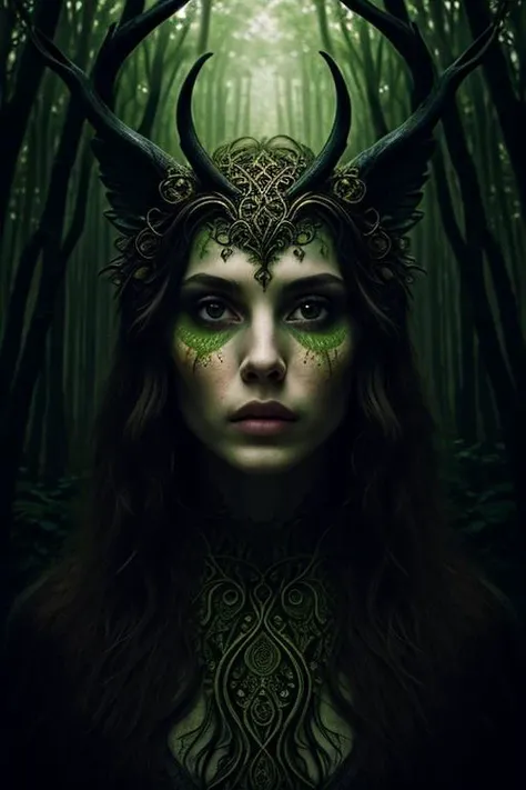woman in a mythical forest, masterpiece, perfect face, intricate details, horror theme