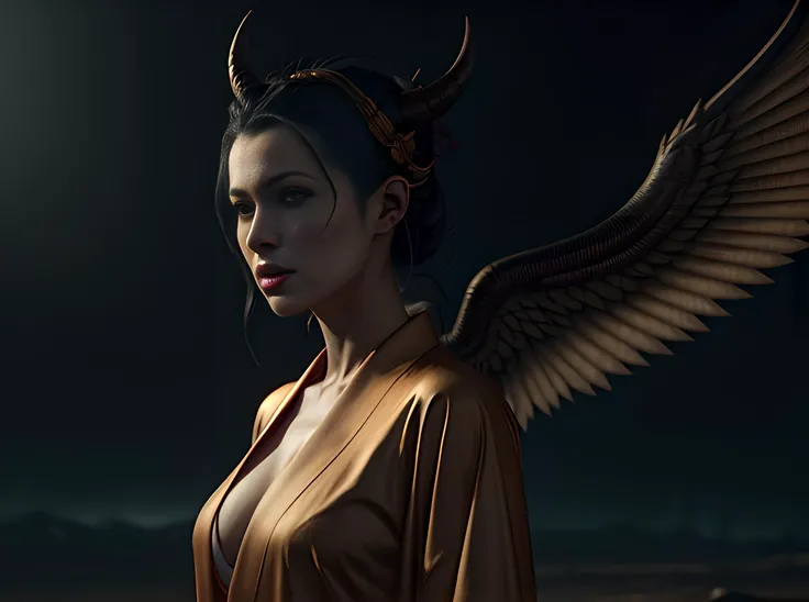 a photorealistic dramatic fantasy render of a beautiful woman wearing a clasical japanese kimono, with demon horns and demon wings, by wlop, artgerm, greg rutkowski, alphonse mucha, beautiful dynamic dramatic dark moody lighting, shadows, cinematic atmosphere, artstation, concept design art, octane render, 4 k