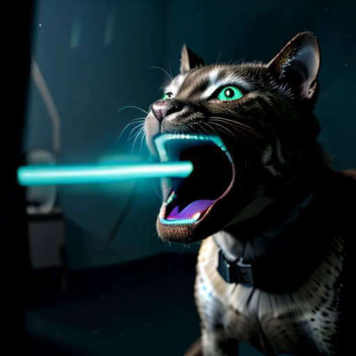 raw photo,8k,cinematic shot,photorealistic,a cat is shooting out blue laser from his mouth,shoopdawoop,laser