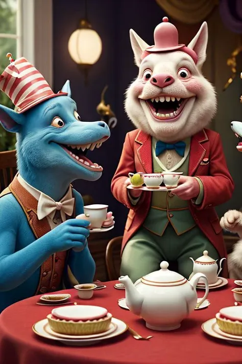 hilarious animals at a tea party telling jokes and laughing, illustration, 4k, high resolution