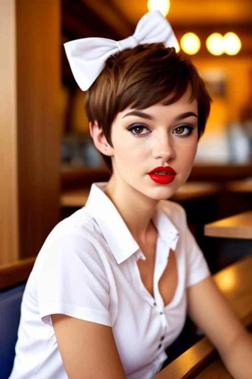 A close portrait of a young, nerdy woman sitting in a caf, wearing a white shirt and a bow, surrounded by a cozy atmosphere, looking at the viewer. short hair, slender, red lips, transparent fabric, flirting with the camera <lora:FJ6-06:1>