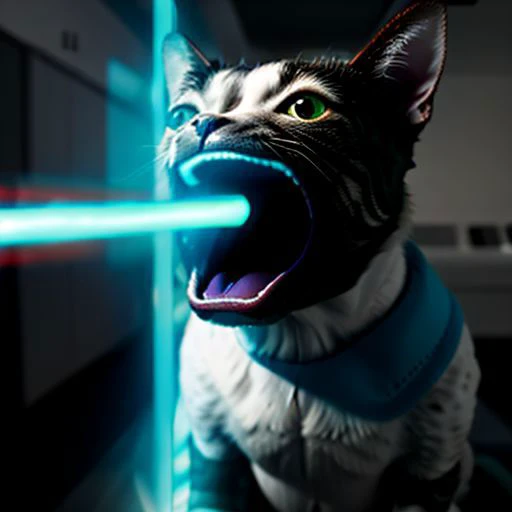raw photo,8k,cinematic shot,photorealistic,a cat is shooting out blue laser from his mouth,shoopdawoop,laser