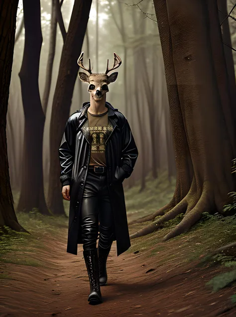 a deer grazing in the forest wearinglong black trench coat, skull-print t-shirt, leather pants, and lace-up boots, camp, post-apocalyptic world