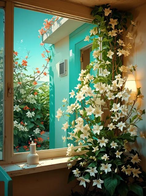 lush flowers with Jasmine, surreal, exquisite good-looking (Sycamore:1.2) , from inside a Motel, Fine art, Serial Art, anaglyph effect, layered textures, <lora:is_pretty:1> is pretty