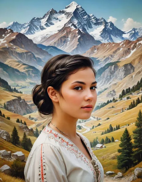 by Emmanuel de Critz, painting, (Girl:1.2) , very Award-Winning, wearing Acrylic Qftan, Low fade hairstyle, mountains, Land Art, Ambrotype, portrait art by Jan van Scorel, <lora:is_pretty:1> is pretty, <lora:CaftanXLv1:0.7>