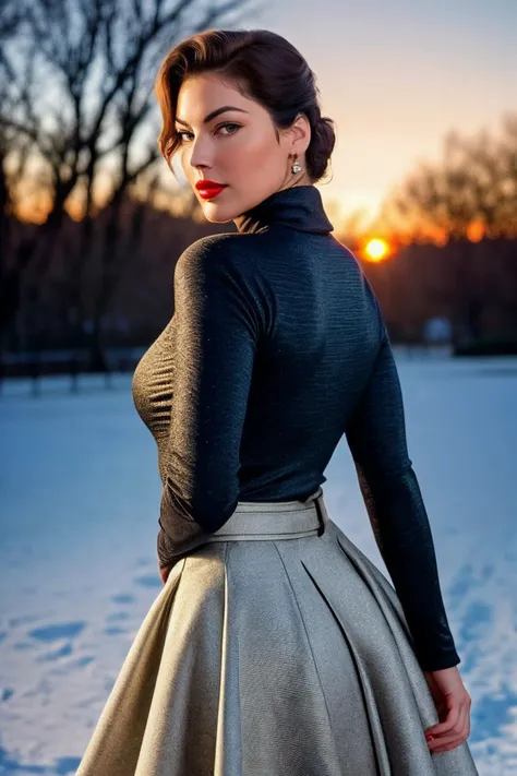beautiful woman (avgardner:.99), perfect waist, closeup portrait, realistic, (detailed:1.15),(film grain, skin details, 4k:1), :/, Dappled Light, analog style (look at the viewer), (skin texture), (film grain), (hyper-realistic texture skin:1.3), cinematic light, sidelighting, ultra high res, best shadow, RAW, beautiful hair, designer jacket, fashionable skirt, turtleneck shirt, winter city park, professional model photoshoot, hdr, sunset, (red lips)