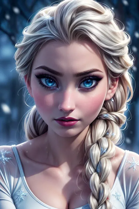 (ultra realistic,32k, masterpiece:1.2),(high detailed skin:1.1), 8k uhd, dslr, high quality,(makeup, mascara:0.9), (thick\lips\),
 <lora:elsa:0.7>elsa, elsa (frozen), 1girl, solo, (blue eyes:0.8), braid, long hair, snowflakes, white hair,single braid, sparkling glitter <lora:Crop-Top + High Leg Panty By Stable Yogi:0.5>CropTop, High Leg Bikini,, , <lora:add_detail:0.82>, (huge breast:1.1), 
(looking at viewer, portrait:1.1),, (upper body:1.1),
,(moody lighting:1.1), snowy neural network research center, mimicking human brain, deep learning algorithms, artificial intelligence breakthroughs, frost, ice,