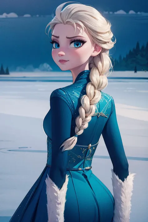 elsa, elsa (frozen), braid, blue eyes, long blonde hair, blue dress,<lora:elsaV2:0.7>, dark scene, horror, lake at night, moonlight, mystery fog