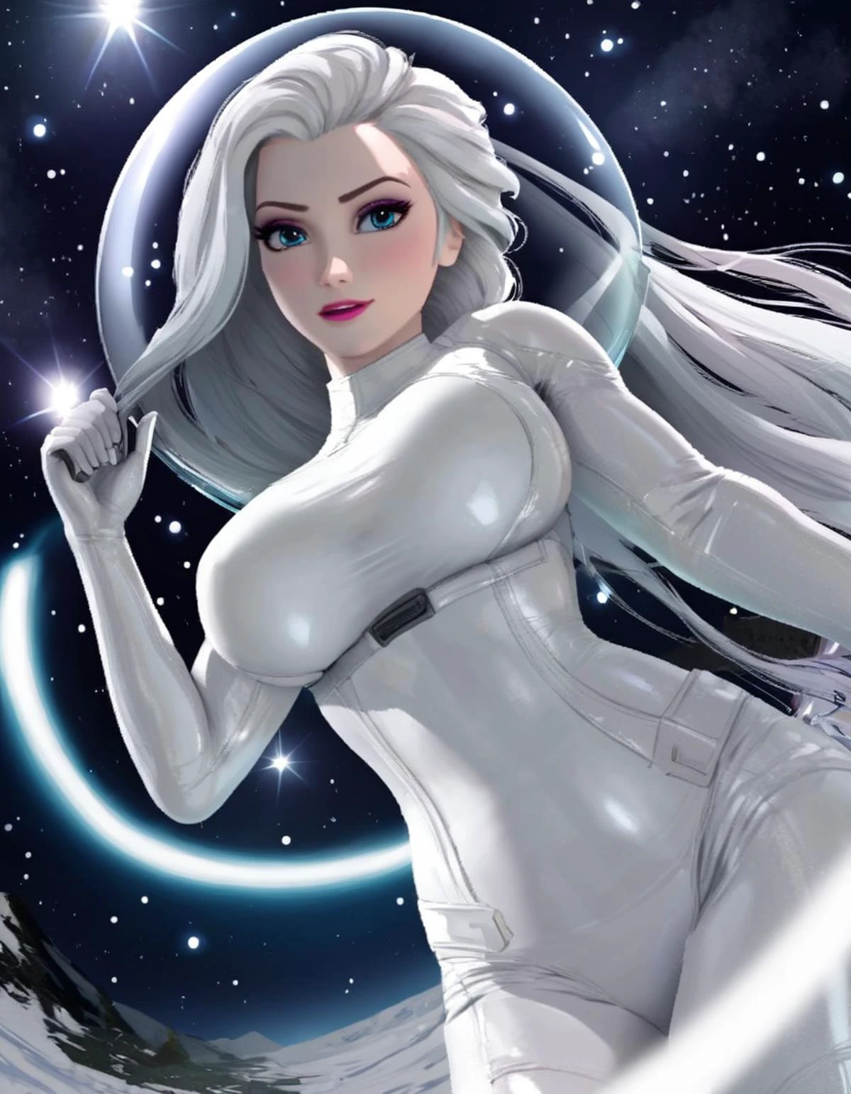 <lora:elsa:1> (nsfw:1.3)Elsa ,wearing sexy spacesuit, with white hair and large breasts dynamic pose, in a snowfield at night, dynamic angle, <lora:EnvyPulpScifiXL-e-weighted:1>