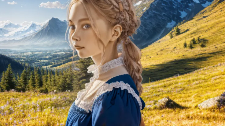 (masterpiece) HDR victorian portrait painting of (girl), blonde hair, mountain nature, blue sky
