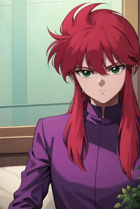 kurama, <lyco:kurama-lyco-nochekaiser:1>,
kurama, long hair, red hair, bangs, (green eyes:1.5), (retro artstyle:1.5), 1990s \(style\),
BREAK shirt, long sleeves, purple shirt, collar, high collar, pants, purple pants, gold trim,
BREAK indoors,
BREAK looking at viewer, cowboy shot,
BREAK <lyco:GoodHands-beta2:1>, (masterpiece:1.2), best quality, high resolution, unity 8k wallpaper, (illustration:0.8), (beautiful detailed eyes:1.6), extremely detailed face, perfect lighting, extremely detailed CG, (perfect hands, perfect anatomy),