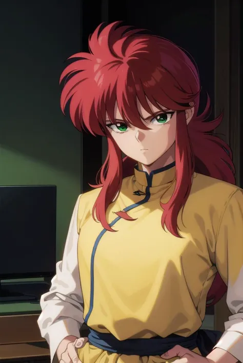 kurama, <lyco:kurama-lyco-nochekaiser:1>,
kurama, long hair, red hair, bangs, (green eyes:1.5), (retro artstyle:1.5), 1990s \(style\),
BREAK long sleeves, pants, chinese clothes, white pants, (yellow shirt:1.5), (white sleeves:1.5), (pelvic curtain:1.2), sash, sleeveless shirt,
BREAK indoors,
BREAK looking at viewer, cowboy shot,
BREAK <lyco:GoodHands-beta2:1>, (masterpiece:1.2), best quality, high resolution, unity 8k wallpaper, (illustration:0.8), (beautiful detailed eyes:1.6), extremely detailed face, perfect lighting, extremely detailed CG, (perfect hands, perfect anatomy),