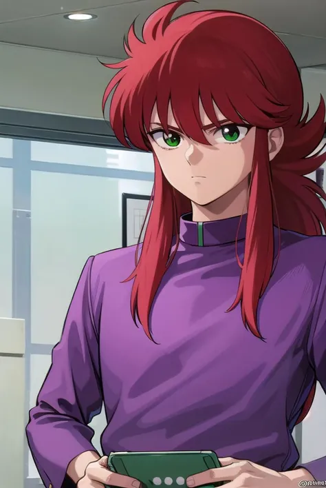 kurama, <lyco:kurama-lyco-nochekaiser:1>,
kurama, long hair, red hair, bangs, (green eyes:1.5), (retro artstyle:1.5), 1990s \(style\),
BREAK shirt, long sleeves, purple shirt, collar, high collar, pants, purple pants, gold trim,
BREAK indoors,
BREAK looking at viewer, cowboy shot,
BREAK <lyco:GoodHands-beta2:1>, (masterpiece:1.2), best quality, high resolution, unity 8k wallpaper, (illustration:0.8), (beautiful detailed eyes:1.6), extremely detailed face, perfect lighting, extremely detailed CG, (perfect hands, perfect anatomy),