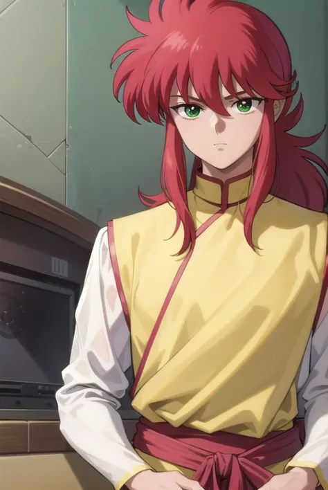 kurama, <lyco:kurama-lyco-nochekaiser:1>,
kurama, long hair, red hair, bangs, (green eyes:1.5), (retro artstyle:1.5), 1990s \(style\),
BREAK long sleeves, pants, chinese clothes, white pants, (yellow shirt:1.5), (white sleeves:1.5), (pelvic curtain:1.2), sash, sleeveless shirt,
BREAK indoors,
BREAK looking at viewer, cowboy shot,
BREAK <lyco:GoodHands-beta2:1>, (masterpiece:1.2), best quality, high resolution, unity 8k wallpaper, (illustration:0.8), (beautiful detailed eyes:1.6), extremely detailed face, perfect lighting, extremely detailed CG, (perfect hands, perfect anatomy),