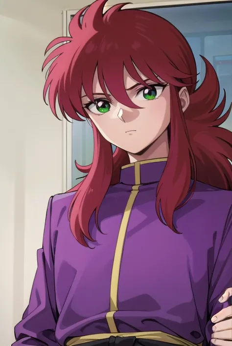 kurama, <lyco:kurama-lyco-nochekaiser:1>,
kurama, long hair, red hair, bangs, (green eyes:1.5), (retro artstyle:1.5), 1990s \(style\),
BREAK shirt, long sleeves, purple shirt, collar, high collar, pants, purple pants, gold trim,
BREAK indoors,
BREAK looking at viewer, cowboy shot,
BREAK <lyco:GoodHands-beta2:1>, (masterpiece:1.2), best quality, high resolution, unity 8k wallpaper, (illustration:0.8), (beautiful detailed eyes:1.6), extremely detailed face, perfect lighting, extremely detailed CG, (perfect hands, perfect anatomy),