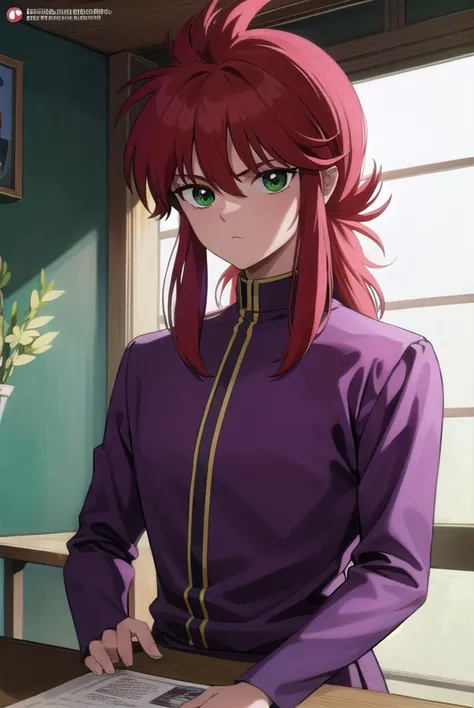 kurama, <lyco:kurama-lyco-nochekaiser:1>,
kurama, long hair, red hair, bangs, (green eyes:1.5), (retro artstyle:1.5), 1990s \(style\),
BREAK shirt, long sleeves, purple shirt, collar, high collar, pants, purple pants, gold trim,
BREAK indoors,
BREAK looking at viewer, cowboy shot,
BREAK <lyco:GoodHands-beta2:1>, (masterpiece:1.2), best quality, high resolution, unity 8k wallpaper, (illustration:0.8), (beautiful detailed eyes:1.6), extremely detailed face, perfect lighting, extremely detailed CG, (perfect hands, perfect anatomy),