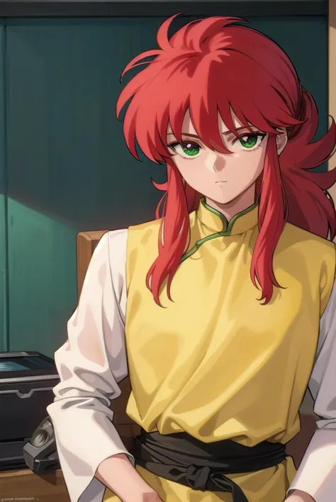 kurama, <lyco:kurama-lyco-nochekaiser:1>,
kurama, long hair, red hair, bangs, (green eyes:1.5), (retro artstyle:1.5), 1990s \(style\),
BREAK long sleeves, pants, chinese clothes, white pants, (yellow shirt:1.5), (white sleeves:1.5), (pelvic curtain:1.2), sash, sleeveless shirt,
BREAK indoors,
BREAK looking at viewer, cowboy shot,
BREAK <lyco:GoodHands-beta2:1>, (masterpiece:1.2), best quality, high resolution, unity 8k wallpaper, (illustration:0.8), (beautiful detailed eyes:1.6), extremely detailed face, perfect lighting, extremely detailed CG, (perfect hands, perfect anatomy),