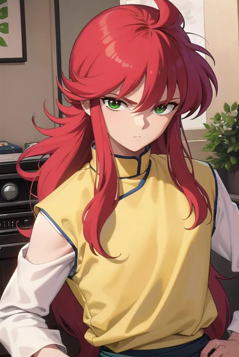 kurama, <lyco:kurama-lyco-nochekaiser:1>,
kurama, long hair, red hair, bangs, (green eyes:1.5), (retro artstyle:1.5), 1990s \(style\),
BREAK long sleeves, pants, chinese clothes, white pants, (yellow shirt:1.5), (white sleeves:1.5), (pelvic curtain:1.2), sash, sleeveless shirt,
BREAK indoors,
BREAK looking at viewer, cowboy shot,
BREAK <lyco:GoodHands-beta2:1>, (masterpiece:1.2), best quality, high resolution, unity 8k wallpaper, (illustration:0.8), (beautiful detailed eyes:1.6), extremely detailed face, perfect lighting, extremely detailed CG, (perfect hands, perfect anatomy),