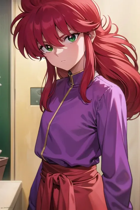 kurama, <lyco:kurama-lyco-nochekaiser:1>,
kurama, long hair, red hair, bangs, (green eyes:1.5), (retro artstyle:1.5), 1990s \(style\),
BREAK shirt, long sleeves, purple shirt, collar, high collar, pants, purple pants, gold trim,
BREAK indoors,
BREAK looking at viewer, cowboy shot,
BREAK <lyco:GoodHands-beta2:1>, (masterpiece:1.2), best quality, high resolution, unity 8k wallpaper, (illustration:0.8), (beautiful detailed eyes:1.6), extremely detailed face, perfect lighting, extremely detailed CG, (perfect hands, perfect anatomy),