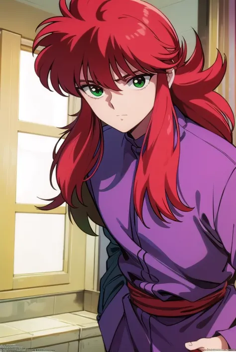 kurama, <lyco:kurama-lyco-nochekaiser:1>,
kurama, long hair, red hair, bangs, (green eyes:1.5), (retro artstyle:1.5), 1990s \(style\),
BREAK shirt, long sleeves, purple shirt, collar, high collar, pants, purple pants, gold trim,
BREAK indoors,
BREAK looking at viewer, cowboy shot,
BREAK <lyco:GoodHands-beta2:1>, (masterpiece:1.2), best quality, high resolution, unity 8k wallpaper, (illustration:0.8), (beautiful detailed eyes:1.6), extremely detailed face, perfect lighting, extremely detailed CG, (perfect hands, perfect anatomy),