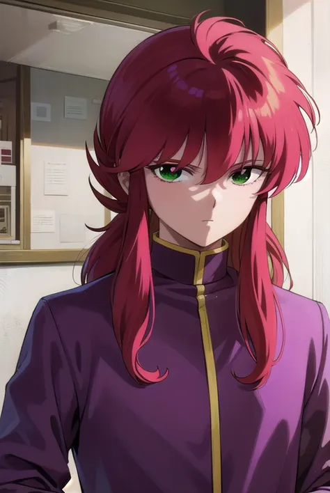 kurama, <lyco:kurama-lyco-nochekaiser:1>,
kurama, long hair, red hair, bangs, (green eyes:1.5), (retro artstyle:1.5), 1990s \(style\),
BREAK shirt, long sleeves, purple shirt, collar, high collar, pants, purple pants, gold trim,
BREAK indoors,
BREAK looking at viewer, cowboy shot,
BREAK <lyco:GoodHands-beta2:1>, (masterpiece:1.2), best quality, high resolution, unity 8k wallpaper, (illustration:0.8), (beautiful detailed eyes:1.6), extremely detailed face, perfect lighting, extremely detailed CG, (perfect hands, perfect anatomy),