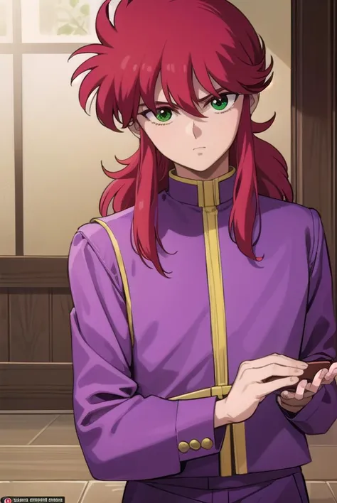 kurama, <lyco:kurama-lyco-nochekaiser:1>,
kurama, long hair, red hair, bangs, (green eyes:1.5), (retro artstyle:1.5), 1990s \(style\),
BREAK shirt, long sleeves, purple shirt, collar, high collar, pants, purple pants, gold trim,
BREAK indoors,
BREAK looking at viewer, cowboy shot,
BREAK <lyco:GoodHands-beta2:1>, (masterpiece:1.2), best quality, high resolution, unity 8k wallpaper, (illustration:0.8), (beautiful detailed eyes:1.6), extremely detailed face, perfect lighting, extremely detailed CG, (perfect hands, perfect anatomy),