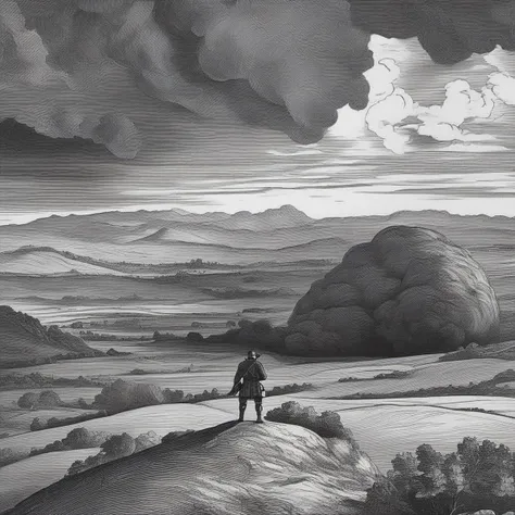 2d, masterpiece, a soldier facing a distant giant monster. Rolling hills, clouds in the distance, <lora:woodcut-SDXL1_0-v1_0:0.4>