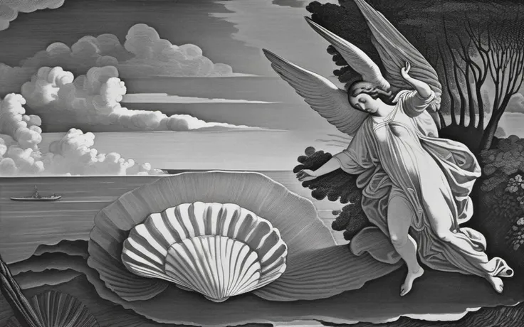Painting the birth of venus by Sandro Botticceli style Vitruvian Man drawing by Leonardo da Vinci