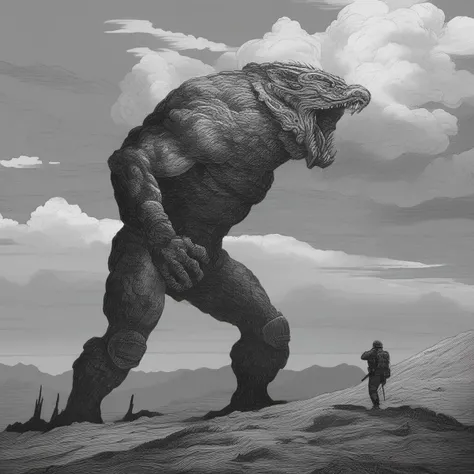 2d, greyscale, ink, woodcut, masterpiece, a soldier facing a distant giant monster. Rolling hills, clouds in the distance, <lora:woodcut-SDXL1_0-v1_0:0.4>