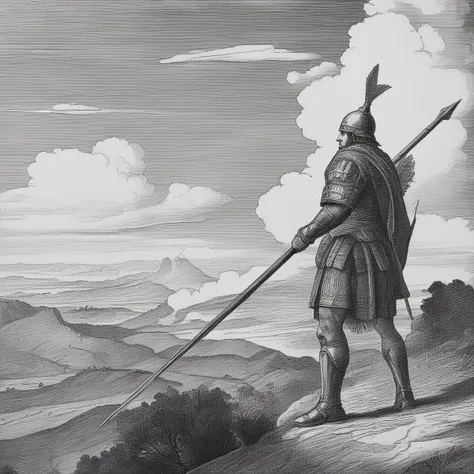 2d, masterpiece, a soldier with a spear facing a distant giant with a huge club. Rolling hills, clouds <lora:woodcut-SDXL1_0-v1_0:0.4>