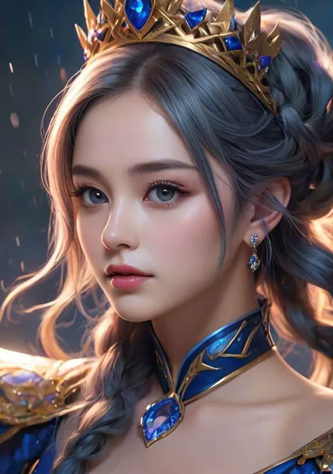Poster Design, Photo of The Queen of sona \(league of legends\),Sapphire Triangle braid,emitting a sense of arrogance,vibrant color scheme,8K wallpaper,sharp focus,K-pop, [rain:0.122], wind,ultra detailed,intricate details,