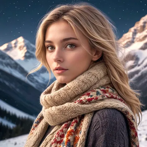 16k, masterpiece, photorealistic,a cute british girl , iced light brown eyes , neutral sandy blonde shag hair , buff skin, soft skin texture, skin grain, wool knitted intricate clothes ,harlequin scarf,sideview, nightime, snow, majestic mountains, ,night sky, winter, bright colors,