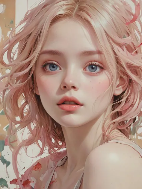 (masterpiece),(best quality:1.1),(Extremely detailed),Best Illustration,Fine details,(portrait:1.1),(Strong close-up),Watercolor)floating,1 Girl,Solitary,13 years old,Slim,(Extremely exquisite and beautiful face),(Detailed pink eyes),Thick pink lips,(disheveled hair),(Wearing loose T-shirts),weak,(Simple background:1.2)The whole colorful background,Clear,4k