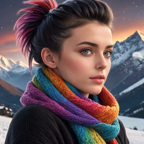16k, masterpiece, photorealistic,a cute british girl , iced rainbow eyes , black mohawk hair ,fair skin, soft skin texture, skin grain, wool knitted intricate clothes ,harlequin scarf,sideview, nightime, snow, majestic mountains, ,night sky, winter, bright colors,