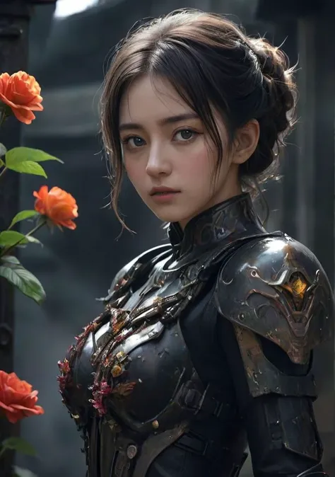 Poster Photo,Dark Style,emitting a sense of dilapidation,emitting a sense of beauty,[elf|woman] Surrounded by mecha and steam,French twist,flowers blooming,Feral,surrealism detail,hyper-detailed complex,supreme detailed,emitting a sense of destruction,unreal engine,hyper detailed,best shadow,Dynamic Lighting,vivid colors,hard focus,detailed pretty face,K-pop, [rain:0.122], wind,navel,belt,A pitch black cave