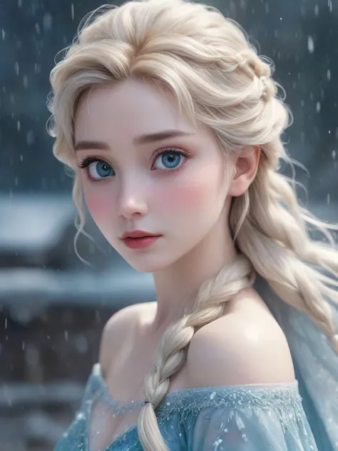 Watercolor Style,elsa \(frozen\),very beautiful,aerial Perspective,professional Color Grading,blu-ray,sharp focus,K-pop, [rain:0.122], wind,intricate details,supreme detailed,