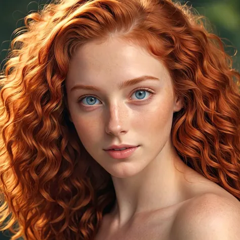 16k, masterpiece, sharp, photorealistic,a girl , happy, deep azure eyes, fiery ginger long curly hair, buff skin, skin texture, skin grain, looking at camera,