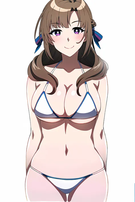 1girl, breasts, brown hair, solo, smile, looking at viewer, long hair, purple eyes, white pupils, large breasts, ribbon, bikini, pink bikini, standing, (arms at sides:1.3), navel, bangs, cleavage, hair ribbon, braid, eyebrows visible through hair, mature female, bare shoulders, ((masterpiece)), ((best quality)), extremely detailed illustration, depth of field, sharp focus, soft lighting, hdr, colorful, good composition, cowboy shot, (white background:1.4), transparent background,
<lora:mamako :0.75>