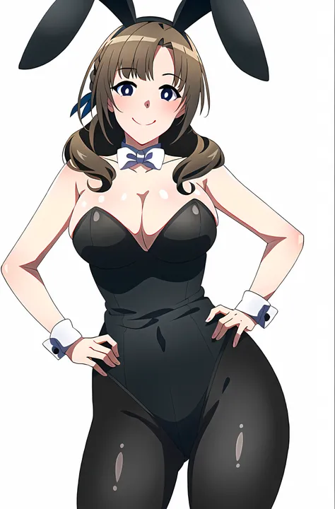 1girl, breasts, brown hair, solo, smile, looking at viewer, long hair, purple eyes, white pupils, large breasts, ribbon, (black leotard:1.2), (fake bunny ears:1.2), standing, (hands on hips:1.3), bangs, hair ribbon, braid, eyebrows visible through hair, mature female, curvy, ((masterpiece)), ((best quality)), extremely detailed illustration, depth of field, sharp focus, soft lighting, hdr, colorful, good composition, cowboy shot, (white background:1.4), transparent background,
<lora:mamako :0.75>