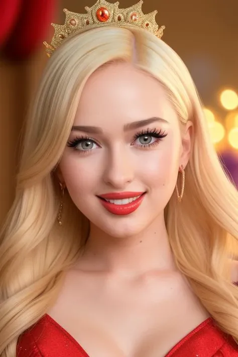 a close-up portrait photo of (krilnae-9800:0.99), a woman ,(dressed as Princess Peach),(big smile) ,red lipstick,  crown on head, blush, standing in a Super Mario Dungeon,(masterpiece:1.2), (photorealistic:1.2), (bokeh), (best quality), (detailed skin:1.2), (intricate details), (8k), (HDR), (cinematic lighting), (sharp focus),