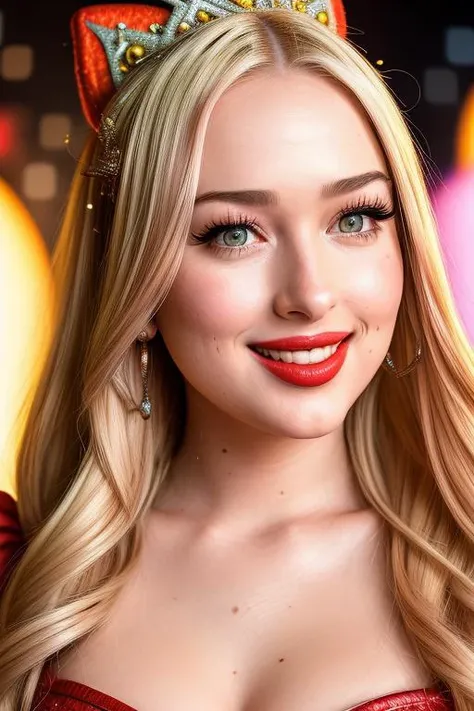 a close-up portrait photo of (krilnae-9800:0.99), a woman ,(dressed as Princess Peach),(big smile) ,red lipstick, crown on head, blush, standing in a Super Mario Dungeon,(masterpiece:1.2), (photorealistic:1.2), (bokeh), (best quality), (detailed skin:1.2), (intricate details), (8k), (HDR), (cinematic lighting), (sharp focus),