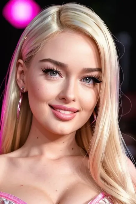 a photo of (krilnae-9800:0.99), a woman ,(dressed as Barbie), (big smile) pink lipstick, blush, on a premiere Barbie movie event, standing on the red carpet, (masterpiece:1.2), (photorealistic:1.2), (bokeh), (best quality), (detailed skin:1.2), (intricate details), (8k), (HDR), (cinematic lighting), (sharp focus), (close-up:1.4)
