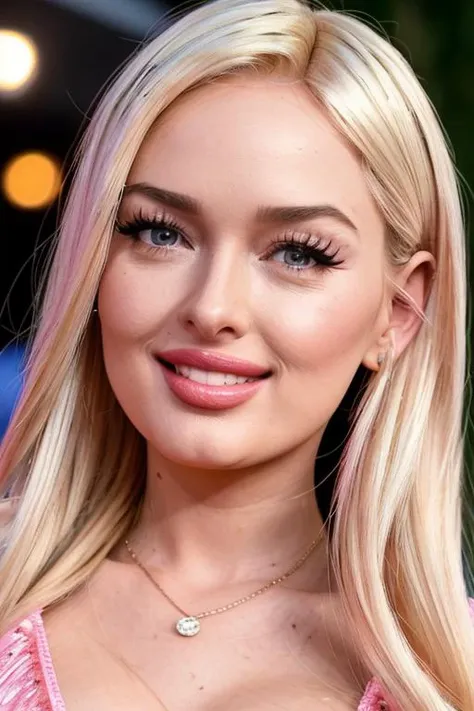 a photo of (krilnae-9800:0.99), a woman (dressed as Barbie), (big smile) pink lipstick, blush, on a premiere Barbie movie event, standing on the red carpet, (focus on face:1.2), (masterpiece:1.2), (photorealistic:1.2), (bokeh), (best quality), (detailed skin:1.2), (intricate details), (8k), (HDR), (cinematic lighting), (sharp focus), (close-up:1.4)